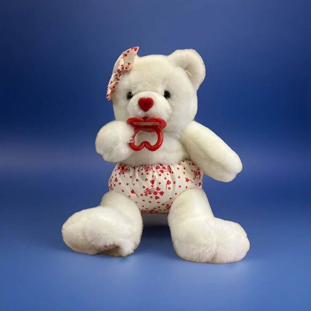 Vtg Plush Creations Plush White Teddy Bear Red‎ Heart Pacifier Nose Diaper Bow